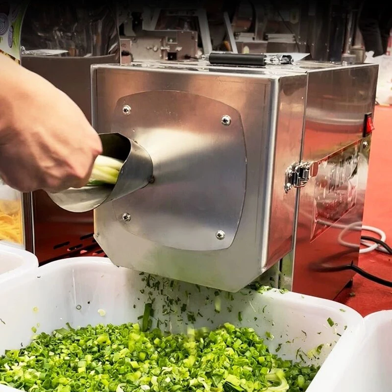 Máquina cortadora de chalote eléctrica comercial, rebanadora de cebolla de acero inoxidable, cortador de verduras completamente automático