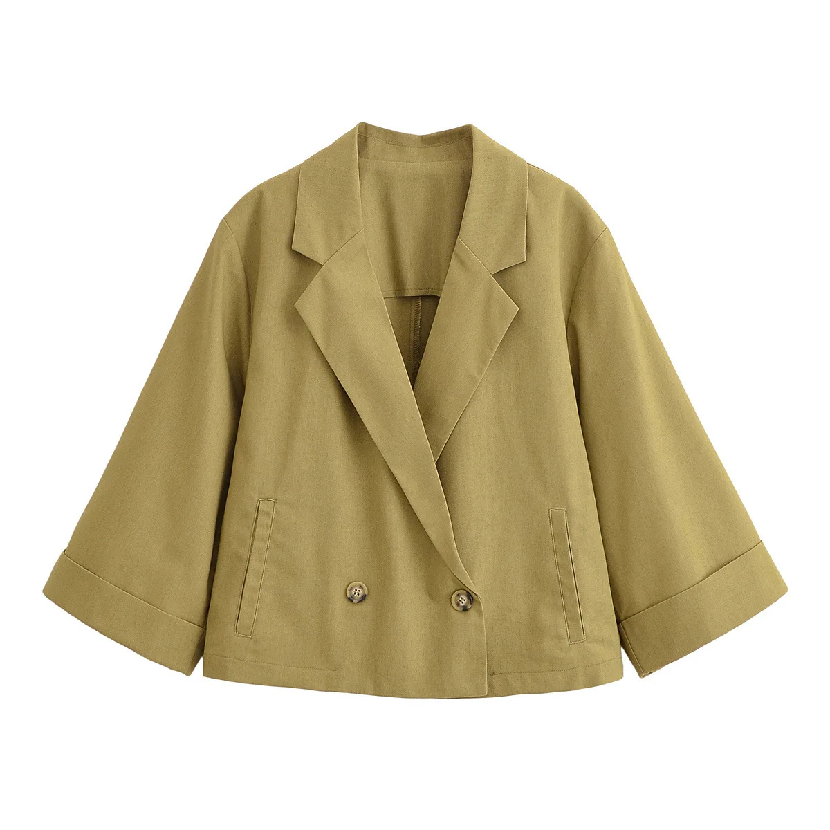 

Women Cropped Jacket With Double Breasted Autumn Vintage Turn Down Collar Long Sleeve Lady Casual Jackets Female Coat