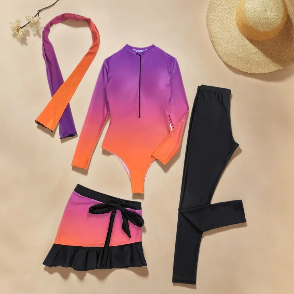 

Muslim Modest Burkini Swimsuit Gradient Purple Print Swimsuit 4pcs Fashion Gauze Cover-up Sunblock Swimsuit Beach Suit Surfwear