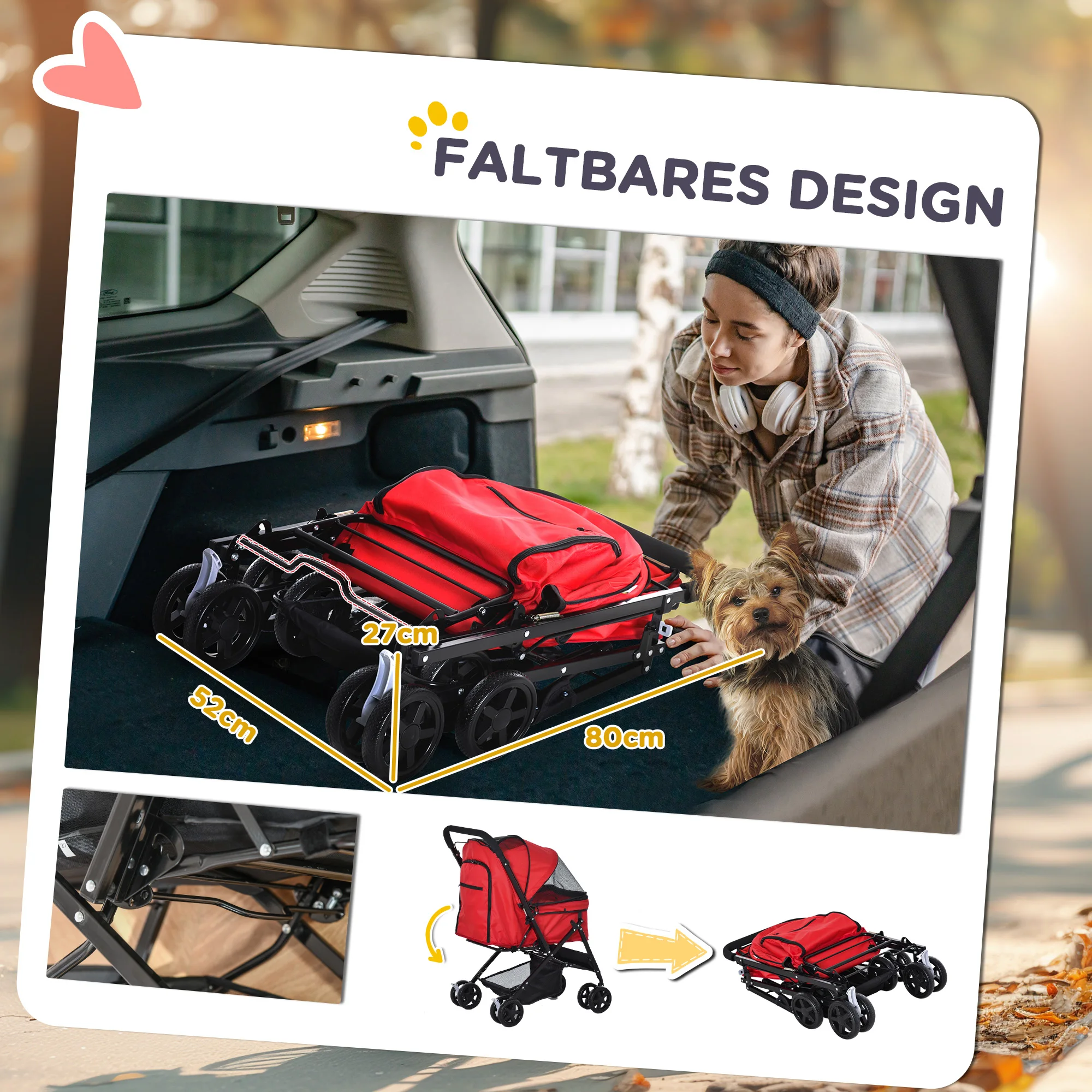 Hundewagen Oxford Rot 76,5x52x95cm für kleine Hunde & Katzen. – Detail 6