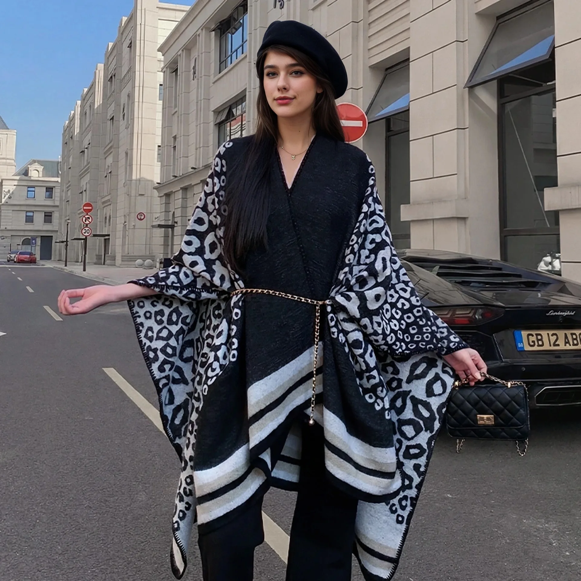 Spring and Autumn Leopard Pattern Split Knitted Shawl Travel Shawl Outer Fashion Imitation Cashmere Warm Cloak  Women