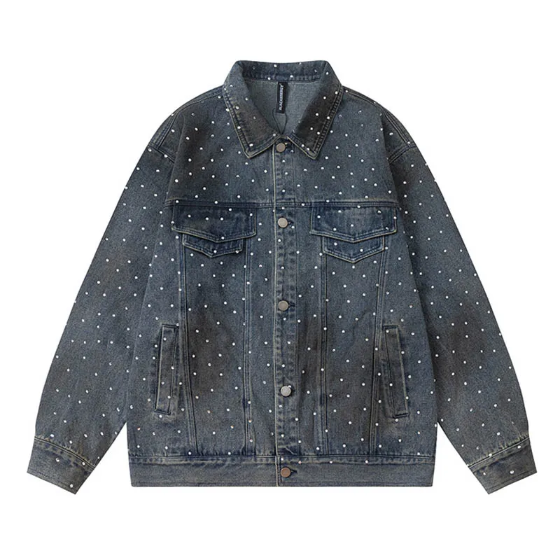 

Printed Rivet Hip Hop Denim Jackets Blue Harakuju Streetwear Outwear Coats For Male Vintage Spring Autumn Tops