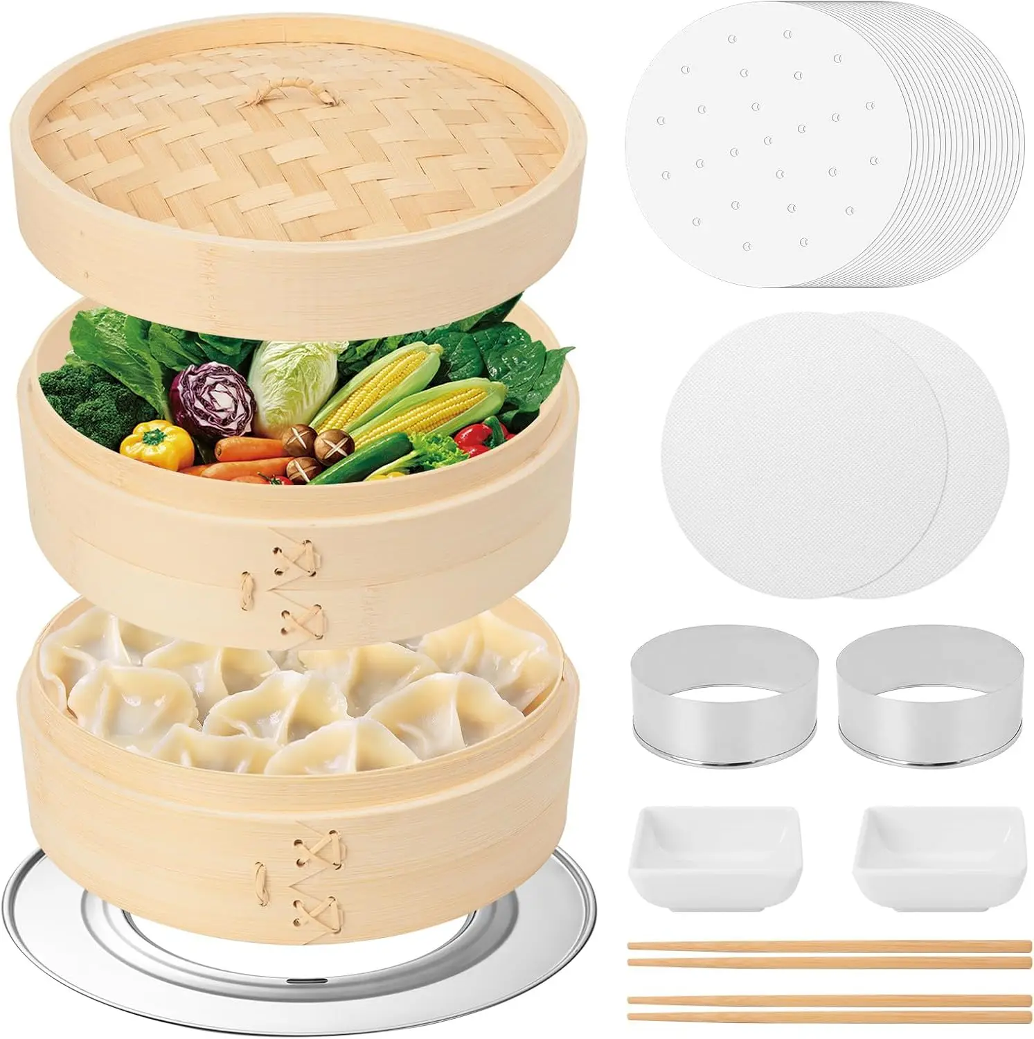 

Бамбуковая корзина для пароварки, 10-дюймовая, 2-уровневая с крышкой, пароварка для пельменей с бумажными и силиконовыми вкладышами, резак, адаптер, блюдо для соуса, Cho