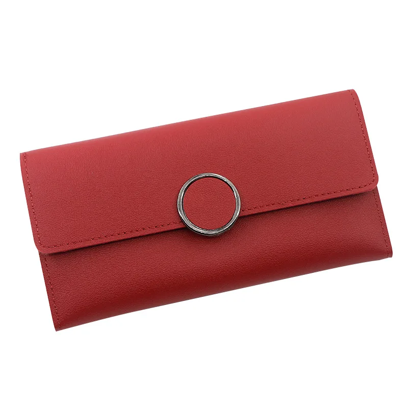 Cartera de cuero para mujer, cartera larga de cuero Pu con cremallera, decoración circular de Metal, monedero con cerrojo para mujer 2024