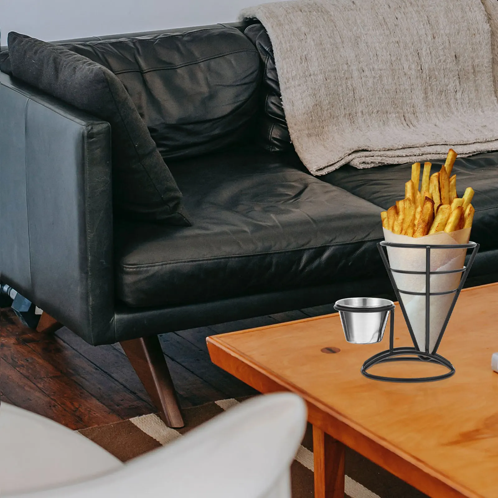 

Cone Shape French Fry Basket Iron Snacks Holder Sauce Cup Stand Decorative Frying Food Container for Home Cafe Restaurant