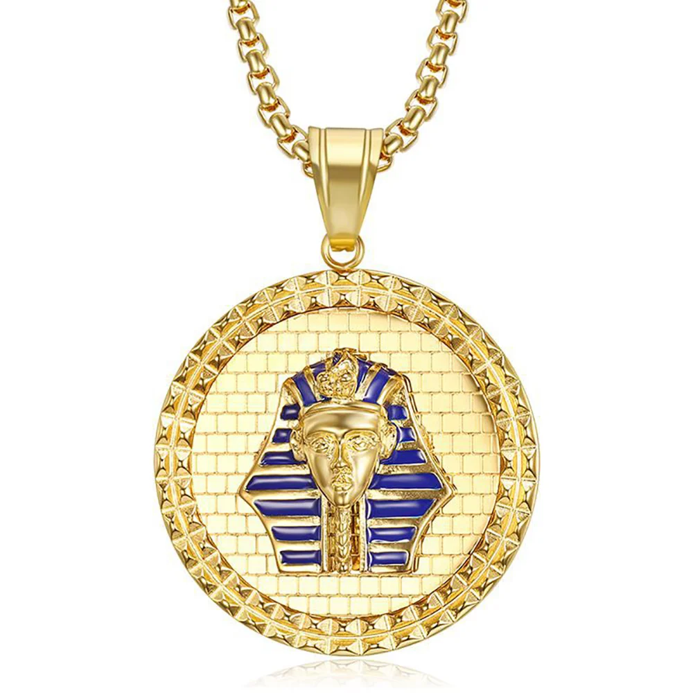 

Egyptian Fashion Pharaoh Sphinx Pendant Male Gold Color Stainless Steel Big Round Necklace for Men Ancient Egypt Jewelry Gift