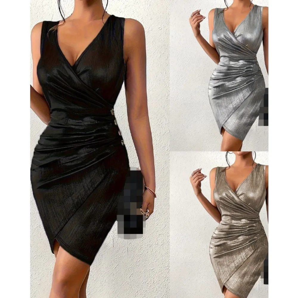 Summer Women's New Sexy Hip Hugging Fashion V-neck Casual Color Blocked Button Solid Color Metal Pleated Tight Dress - Image 5