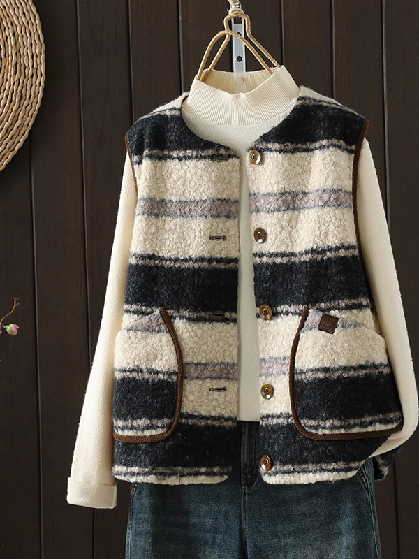 Large Size Color Block Striped Lamb Fur Vest Casual Loose Sleeveless round Neck Shoulder Pad Women's Autumn Winter Outerwear