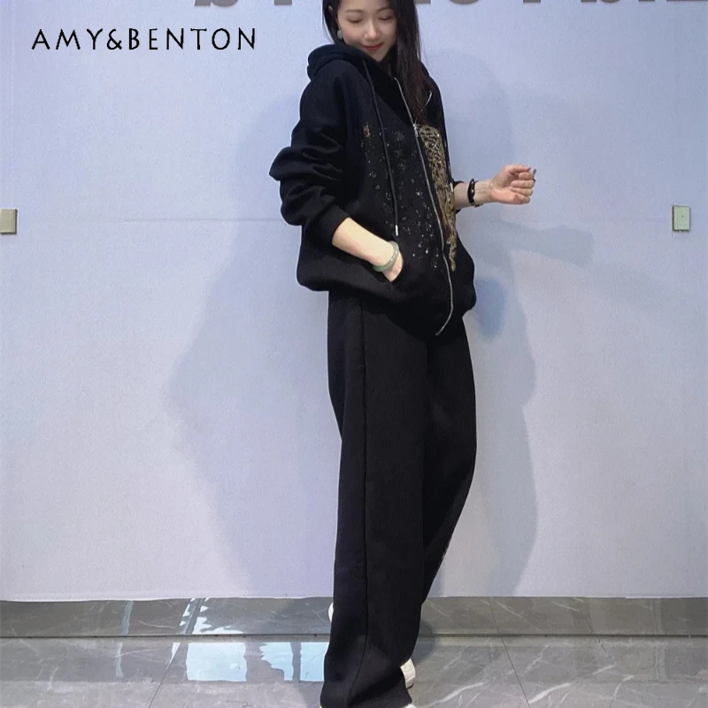 

Sportswear Cardigan Y2k Top Hooded Sweatshirt Coat Set For Ladies Winter Fleece Lined Thickened Zipper Jacket Two-Piece Outfits