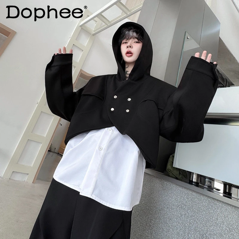 

2025 Autumn New High Street Fashion Contrast Color Hoodies Faux Two-Piece Jacket Men's Stylish Chic Tops Trend Long Sleeve Coats