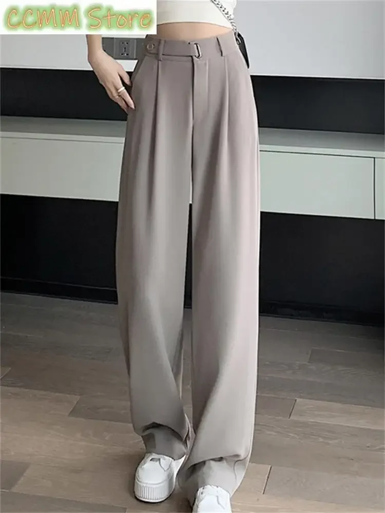 New Solid Pants for Women Fashion Office Ladies Folds High Waist Pants Vintage Elegant Casual Full Length Pants