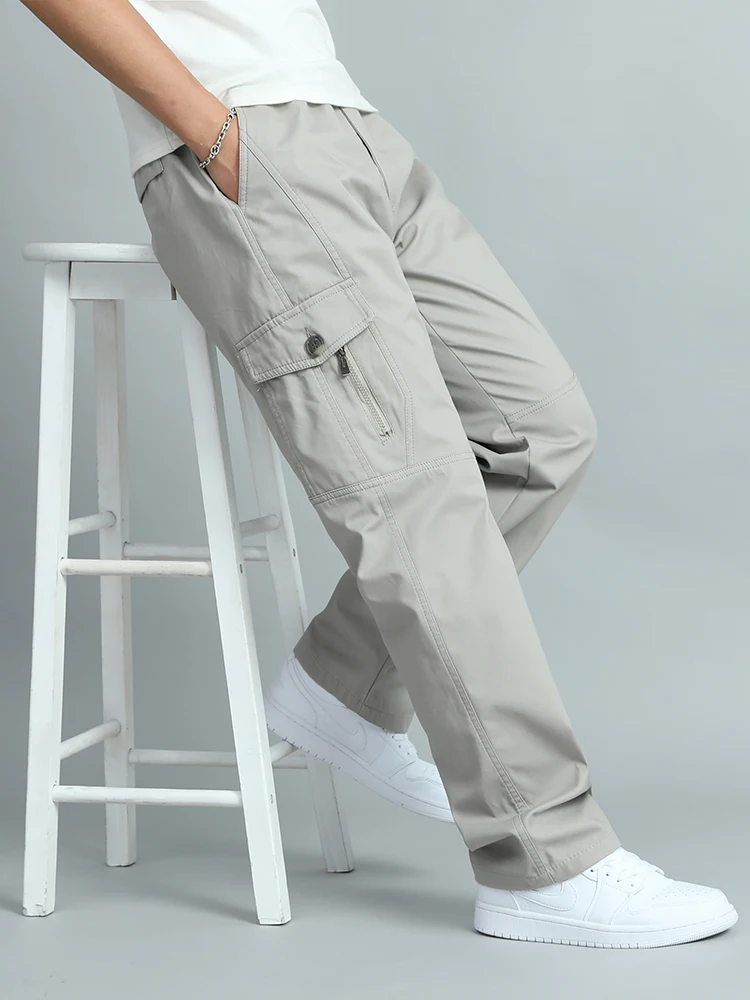 Pantalones de trabajo finos de algodón puro para primavera y otoño, pantalones informales holgados y rectos para hombre de mediana edad y ly, Multi ket, talla grande