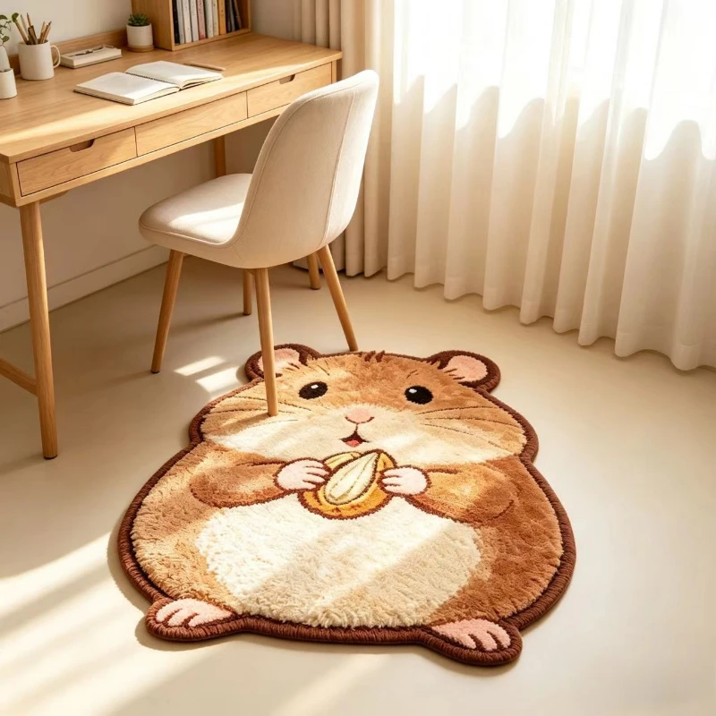 VIKAMA Irregular Hamster Shaped Rug Cute Chubby Hamster Holding Sunseed Fluffy Plush Non Slip Bedroom Bedside Floor Mat