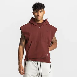 Musculação masculina com capuz regata, colete sem mangas de algodão, roupas de ginástica, moletom fitness, Workout Sportswear, tops masculinos, marca