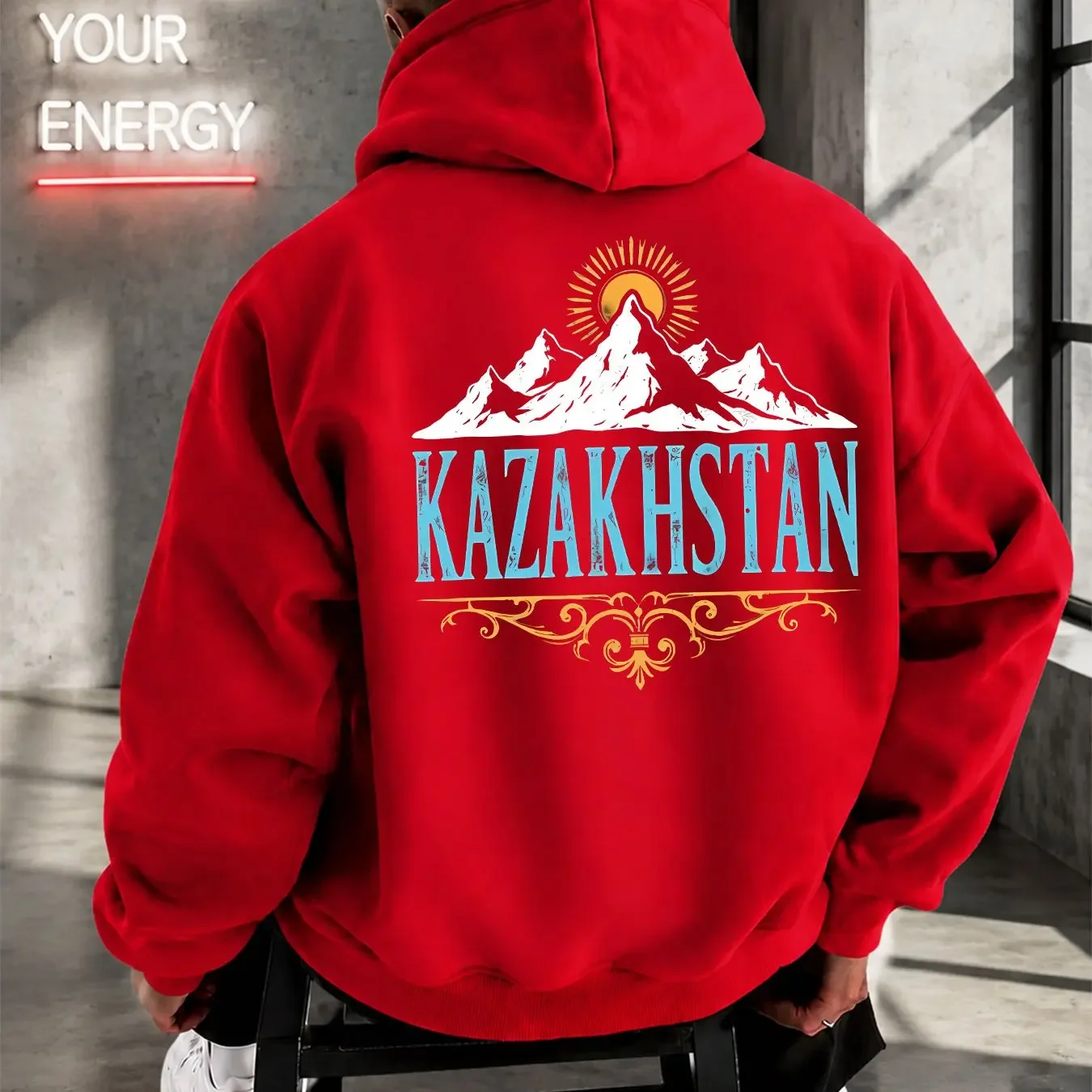 Trendy Vintage Kazakhstan Mountain Sun Art Men Pullover Hoodie Snow Peak Decorative Pattern Graphic Casual Hooded Top