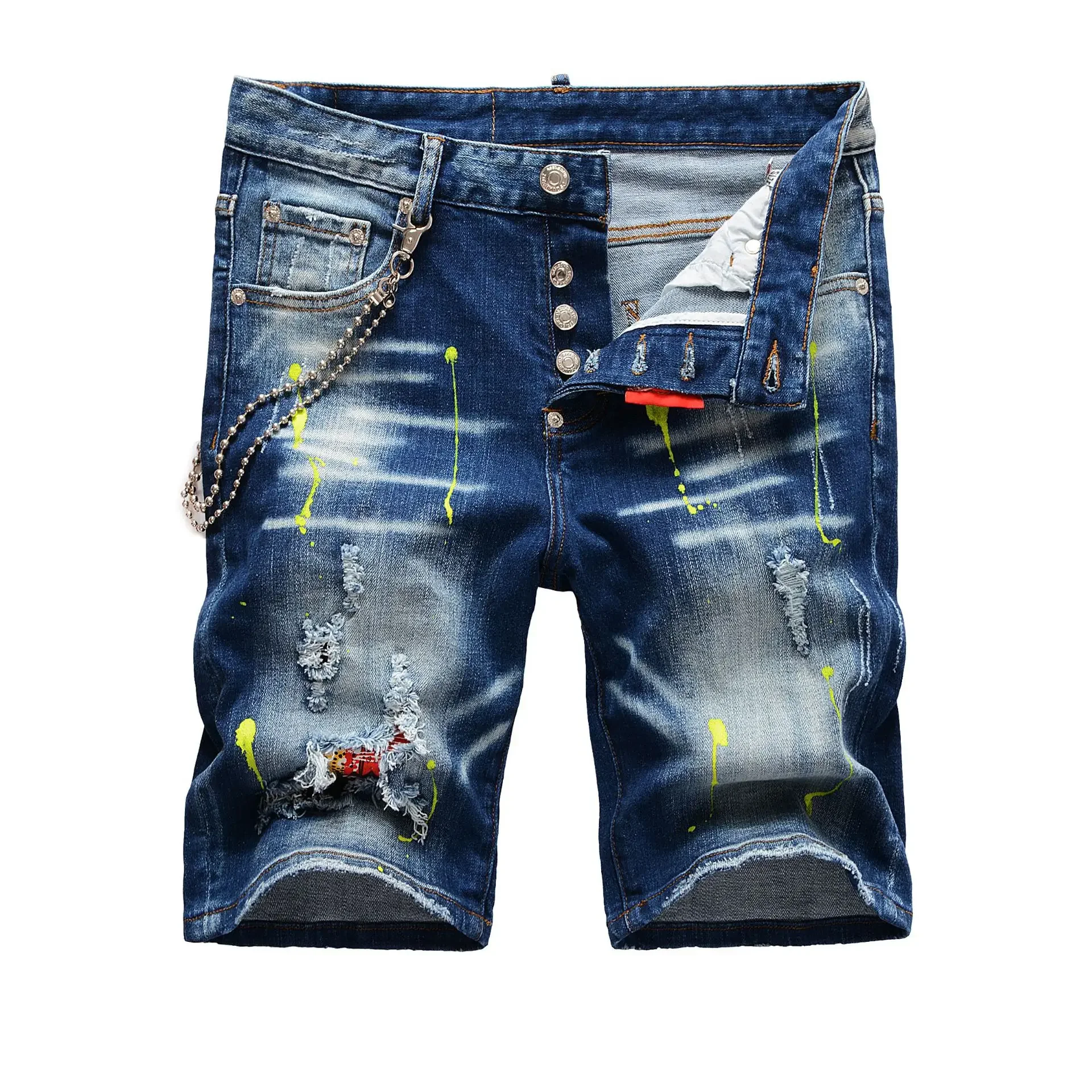Summer new thin denim shorts men straight slim   casual fashion brand five quarter pants broken