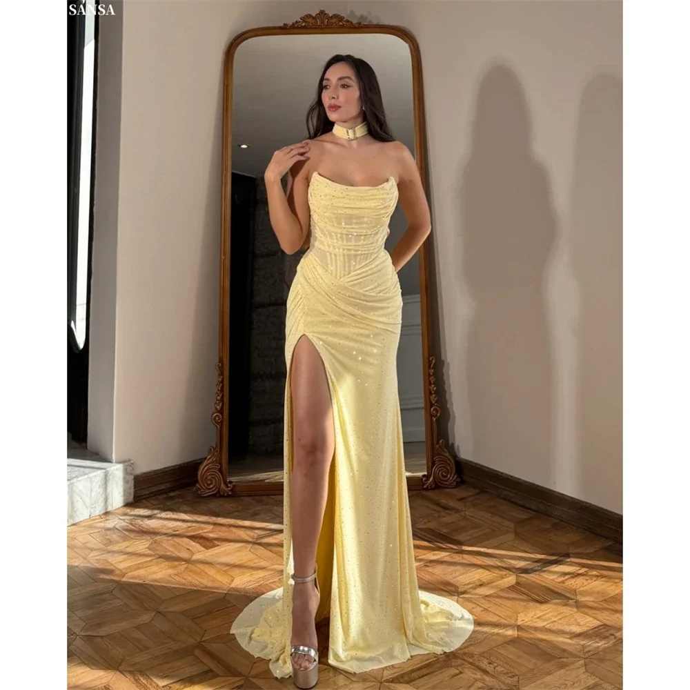 

Sparkling Yellow Mermaid Women's Evening Dresses Shiny Sleeveless Slit Dresses Customized Sweet Party Dresses