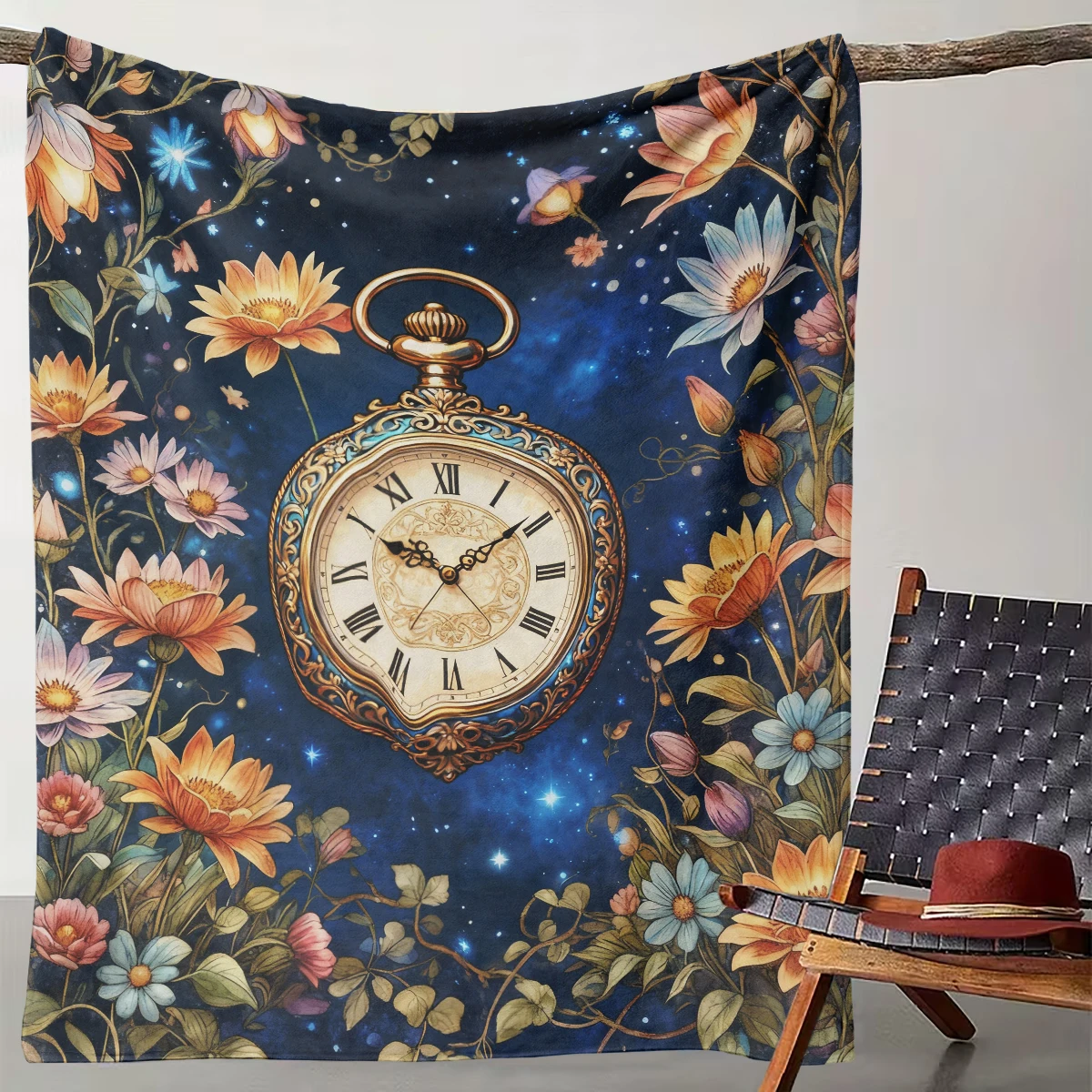 

1 Fantasy Starry Sky Retro Pocket Watch Flower Blanket Literary Clock Flower Sea Flannel Throw