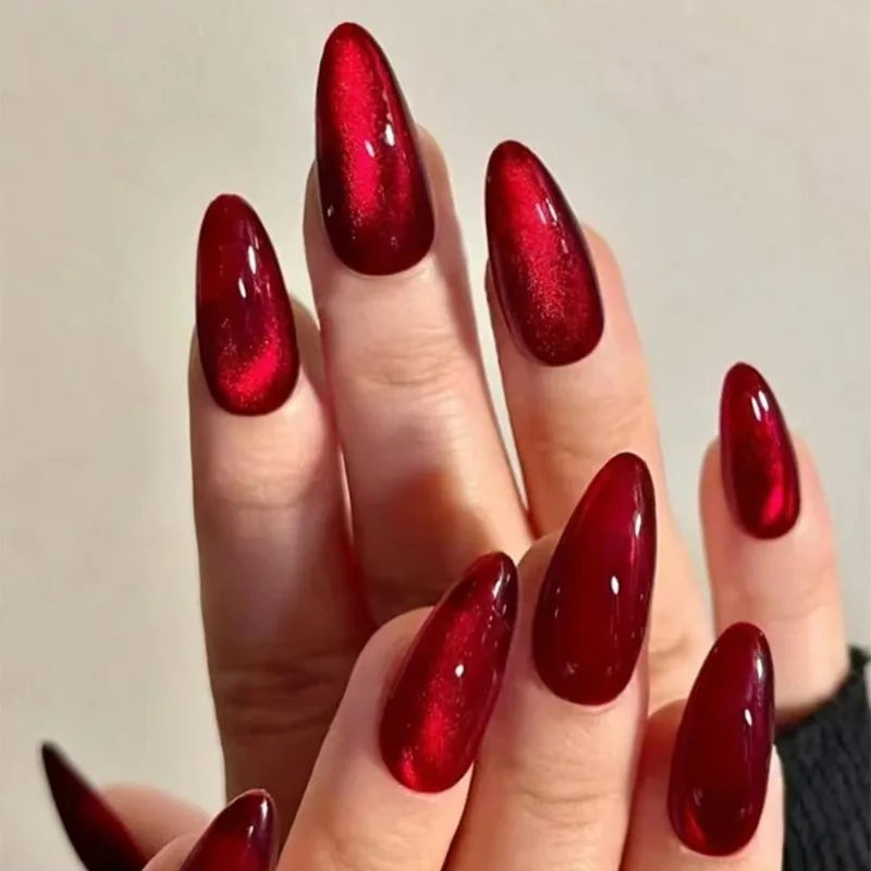 

24pcs Wearable False Nails Simple Red Cat's Eye Mid-length Almond Press on Nails Tips Solid Color Full Cover Nail Art Fake Nail