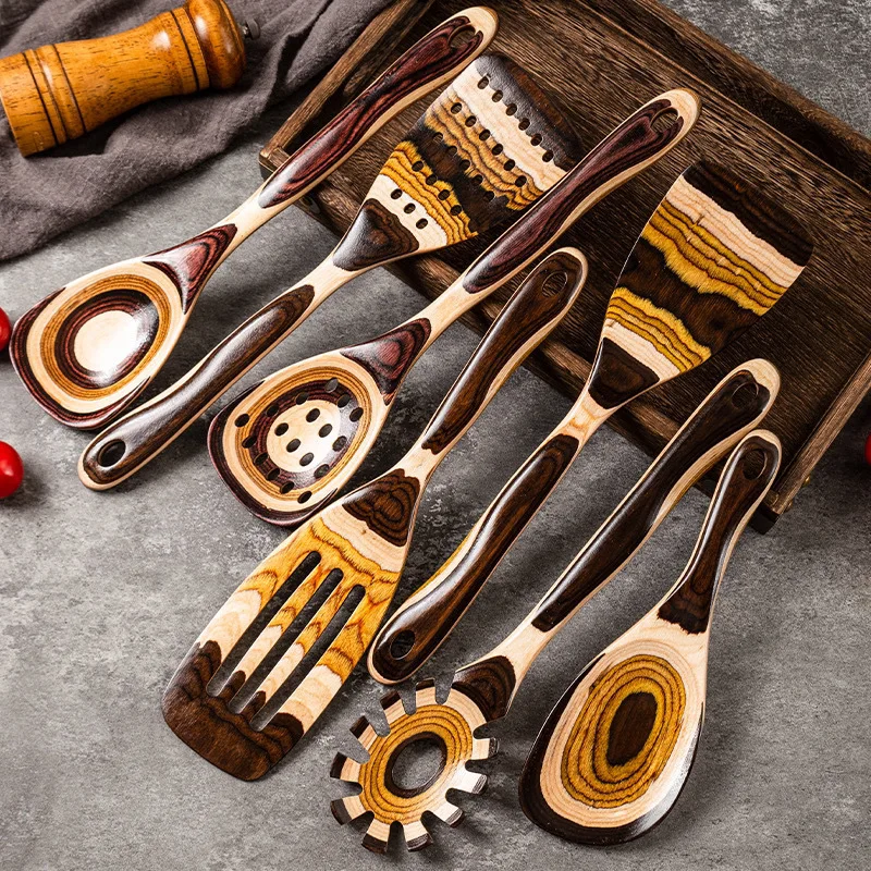 

IK Kitchen Utensils Set 7Pcs Pakkawood Cooking Utensils Wooden Spoons for Cooking with Non-slip Handle Wood Spatula for Kitchen
