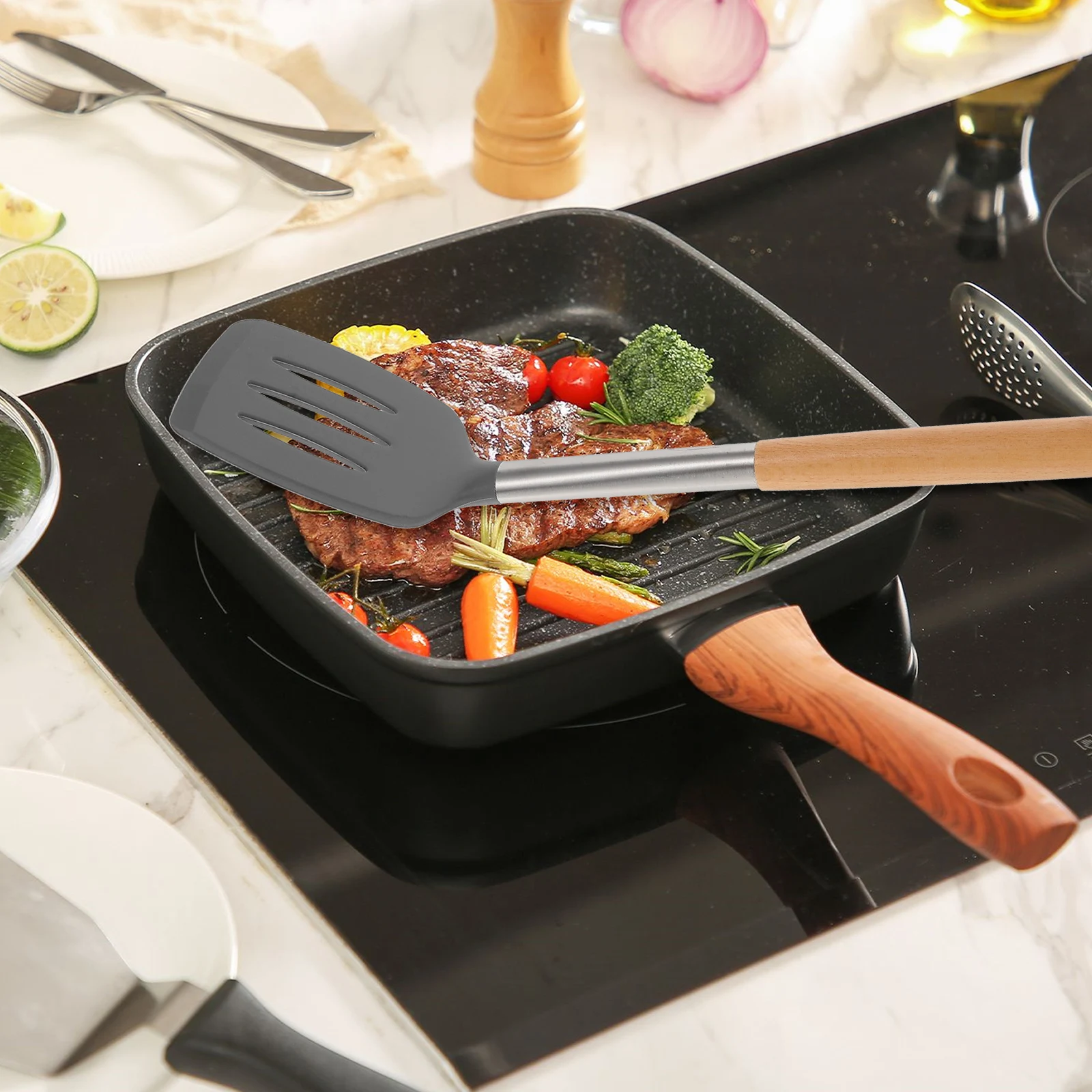 

2Pcs Wooden H Silicone Spatula Long H Anti scalding Shovel Home Cooking Tools Kitchen Gadgets Grey Practical Heat