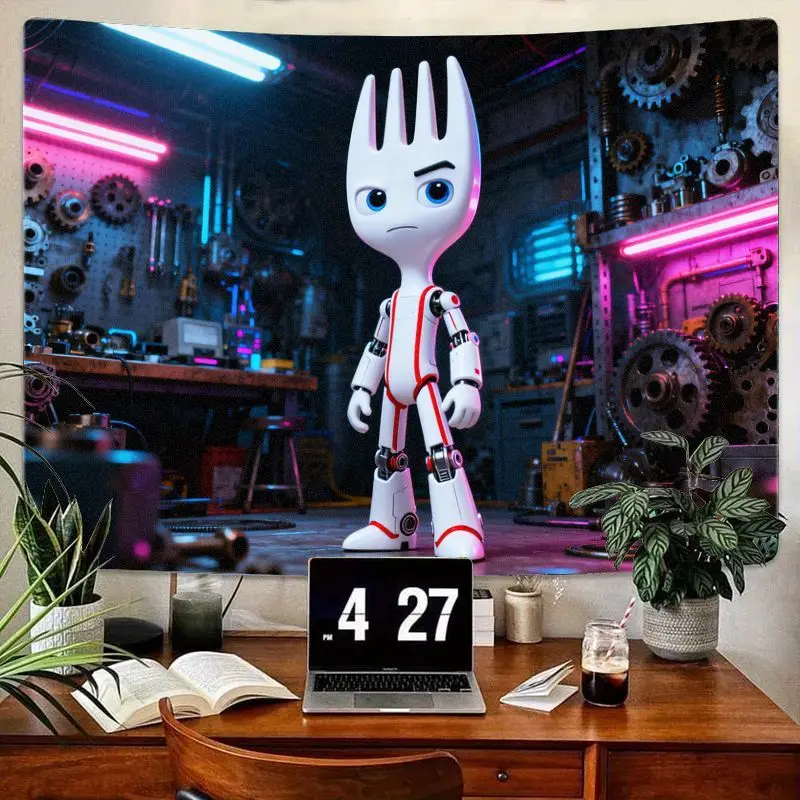 

1PC Robot Spork Character Tapestry Neon Steampunk Lab Wall Art Sci-Fi Room Decor Gift for Gamers & Movie Fans Aesthetic
