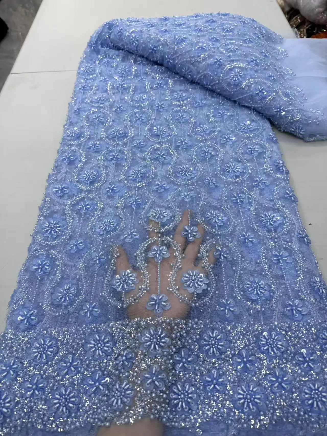 Wholesale High Quality African French Beaded Lace Fabric 2025 Sewing Sequins Embroidery Nigeria Lace Fabric for Party Dresses