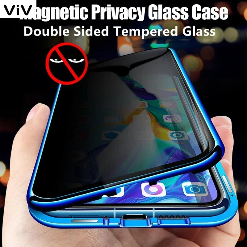 Anti-Peeping Privacy Protect Magnetic Adsorption Case For iPhone 16 15 14 Plus 11 12 13 Pro Max Double Sided Glass Metal Cover