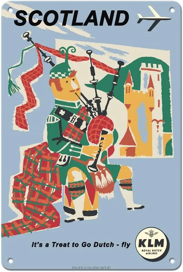 Pacifica Island Art Scotland - Scottish Piper - KLM Royal Dutch Airlines - Vintage Airline Travel Poster c.1959-8 x 12 inch sign