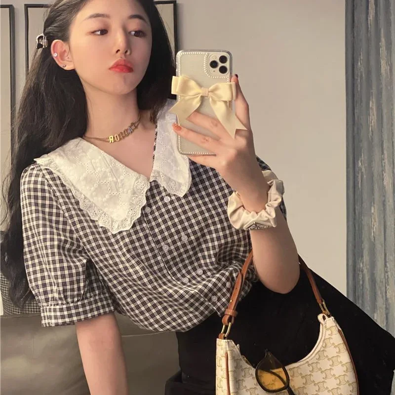 Plaid Shirts Women Peter Pan Collar Sweet Loose Lace Button Retro Puff Short Sleeve Blouses Design French Style Summer Mujer Top