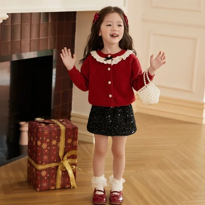 

Красный свитер для девочек, кардиган, зима 2024, новый стиль, мягкая уютная праздничная одежда, модная верхняя одежда для малышей, топ