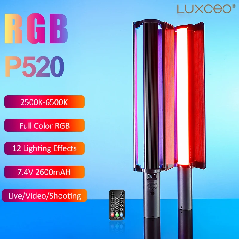 LUXCEO P520 RGB LED Stick Video Light 2500K-6500K Photography Light Handheld Studio Photo Lamp Portable Camera Light for Tiktok