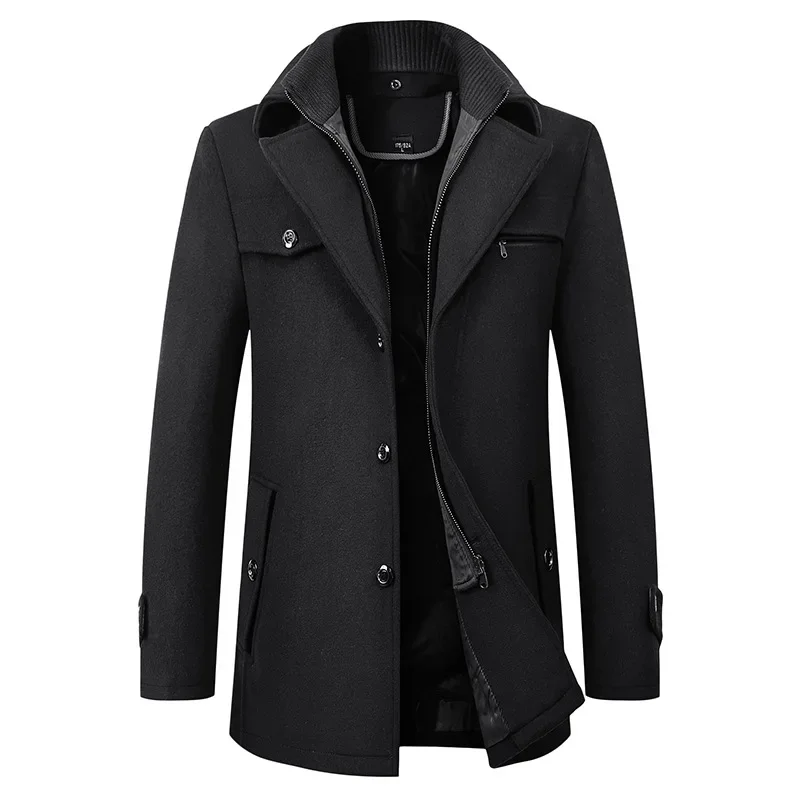 2026 Autumn Winter Men's Double Collar Woolen Coat Medium Length Style Casual Cotton Thickened Warm Outdoor Pure Color Coat