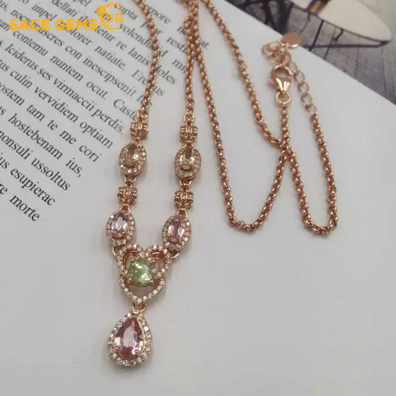 

SACE GEMS Luxury 925 Sterling Silver Natual Tourmaline Pendant Necklaces for Womne Sparkling Fine Jewelry Christmas present