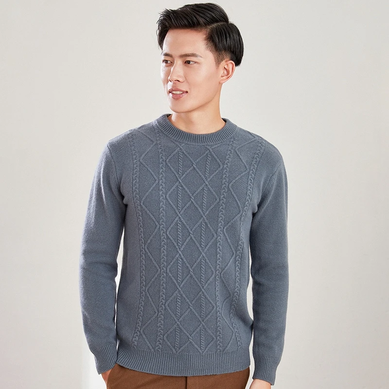 Sweater rajut leher bulat pria, tebal 100% Merino wol kasmir hangat kualitas tinggi longgar Pullove musim gugur serbaguna