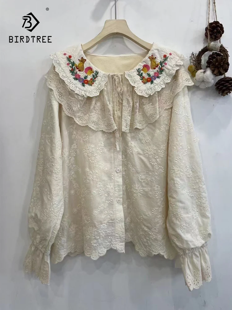 New Autumn Cotton Fleece Long Sleeve Shirt, Women Double Layered Collar Embroidery Tops, Mori Girl Loose Blouse, Winter T4D302CC