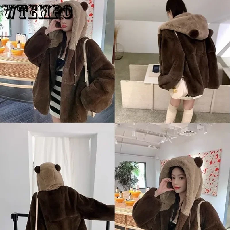 WTEMPO Korean style Women Cute Bear Fake Fur Imitation Rabbit Plush Fur Coat Autumn and Winter Hooded Thickened Zipper Jacket