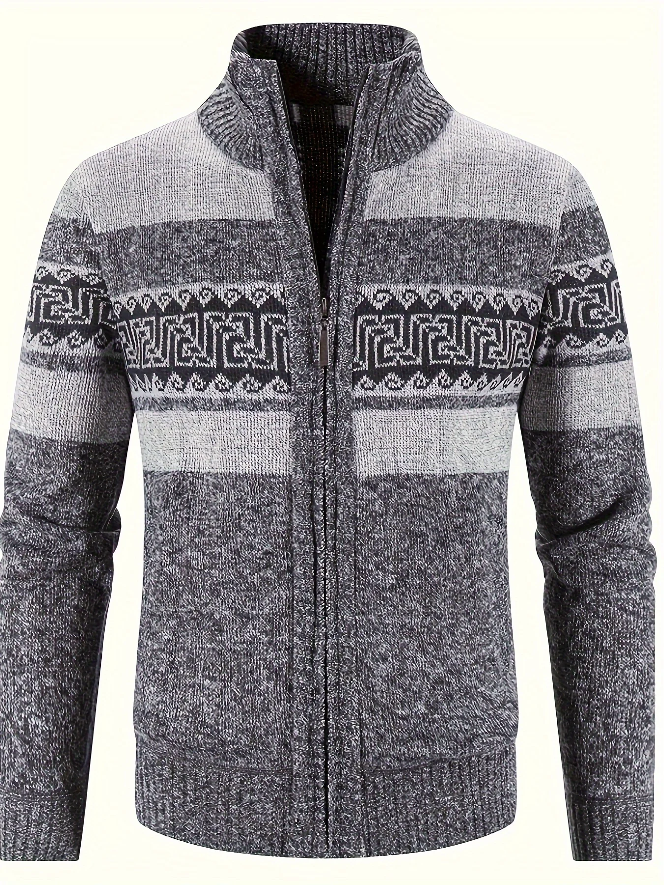 

Men's Fleece Knit Sweater - Ethnic Pattern, Stand Collar, Zipper Pockets. Ideal Hiking & Winter Gift.