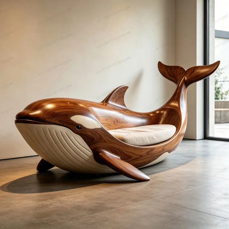 Handcrafted Solid Wood Whale Chair | New Chinese Style Lounge Seating with Elegant Curves, Artistic Centerpiece for Home