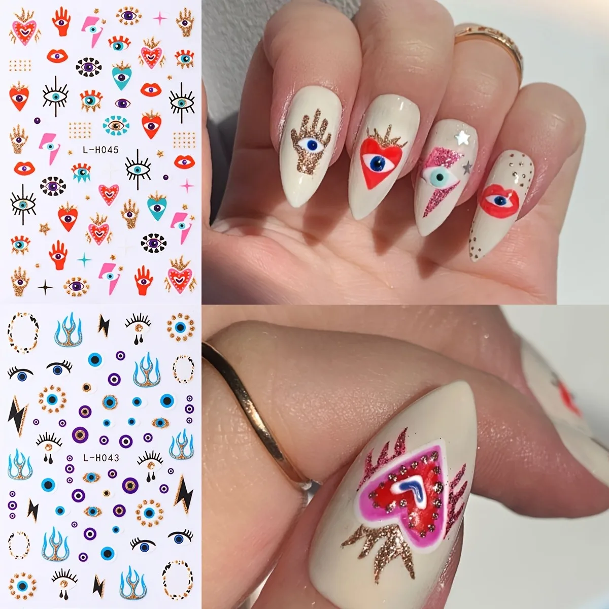 2pcs 3D Y2K Demon Eye Flame Heart Nail Stickers, Nail Decals, Nail Tech Supplies, DIY Nail Art for Music Festival Party