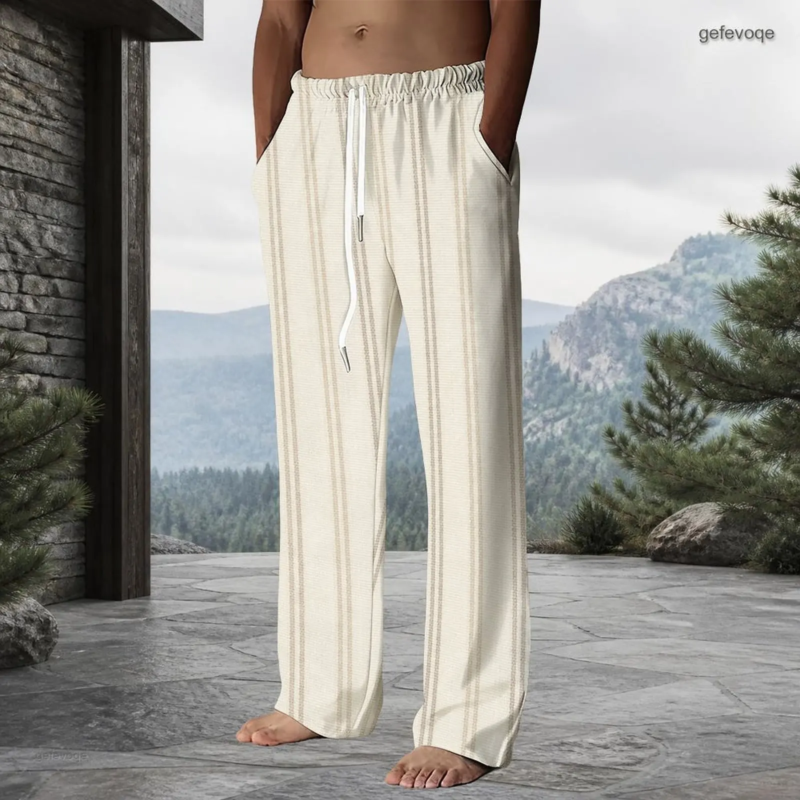Men Off White Light Beige Vertical Striped Printed Drawstring Waist Straight Leg Full Length Pants