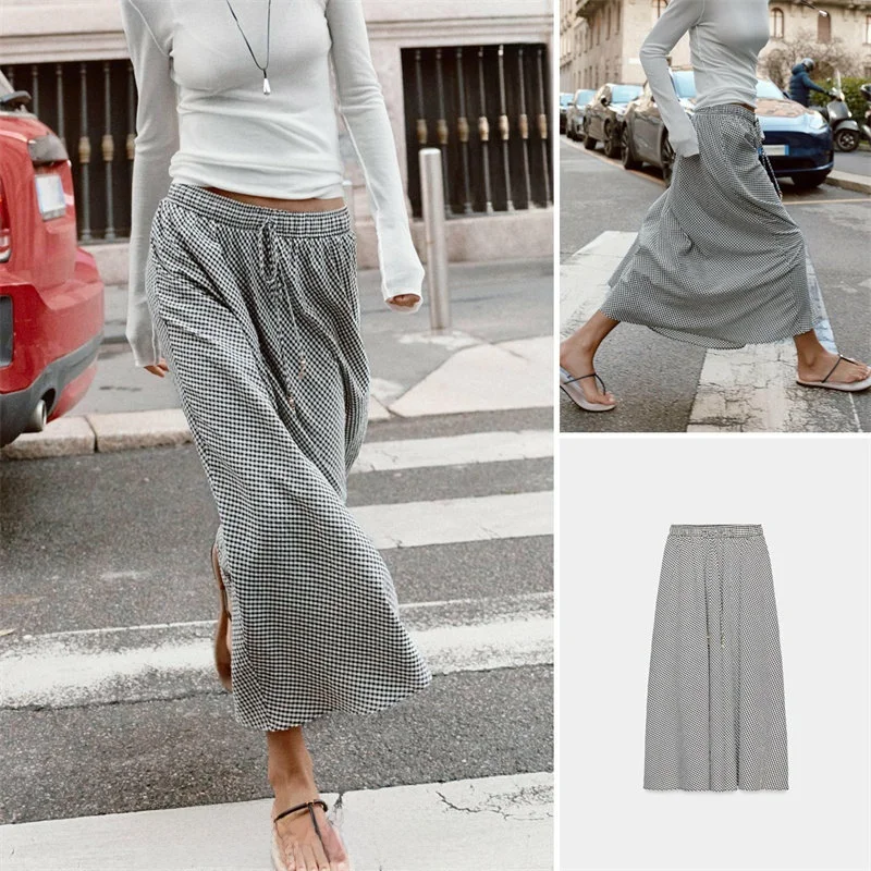 

Повседневная универсальная клетчатая юбка миди для женщин: новинка весна-лето, с эластичным поясом, для города и путешествий