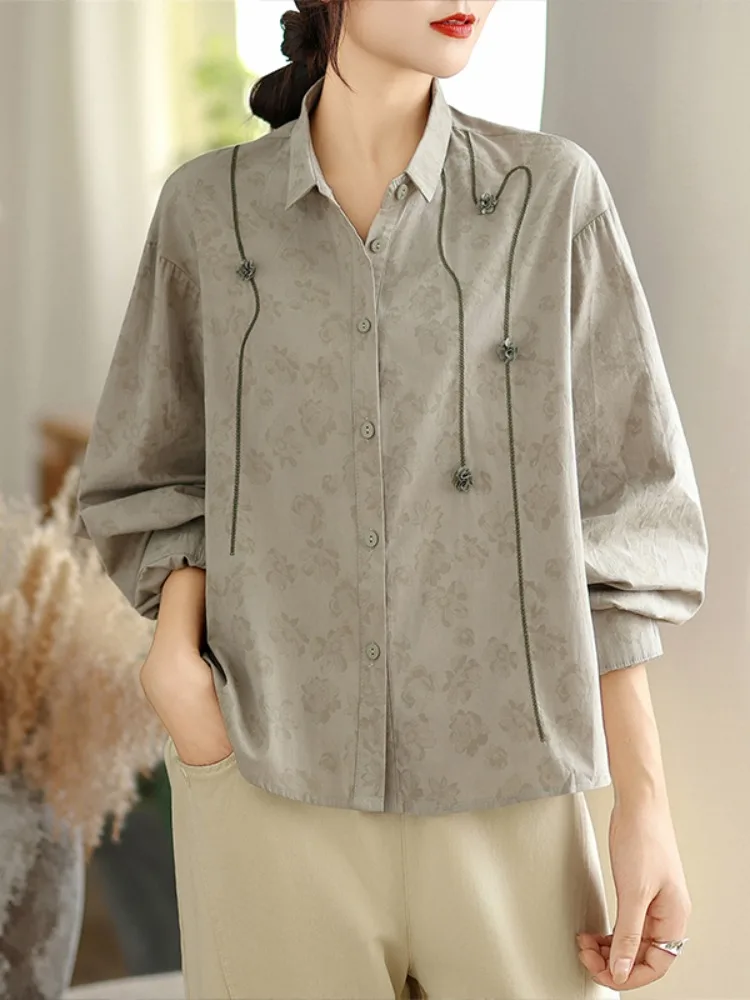 Artistic Pure Cotton Long Sve irt Women's Autumn Ele Design 3D Flower Embroidery Full Cotton Top Button up irt