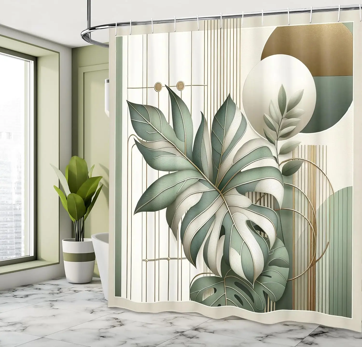 

Зеленая занавеска для душа, лист монстеры шалфея с деталями середины века, богемный принт, современная ткань для ванной комнаты