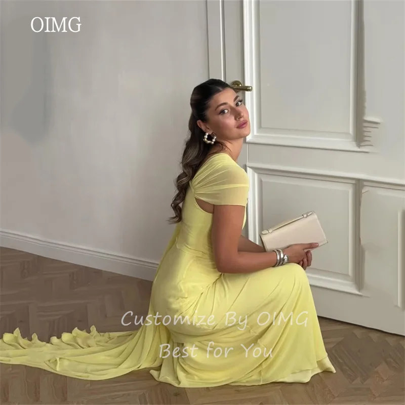 OIMG Elegant Yellow A-line Prom Gowns Cape Sleeve Formal Party Gown Chiffon Evening Dress vestidos de fiesta