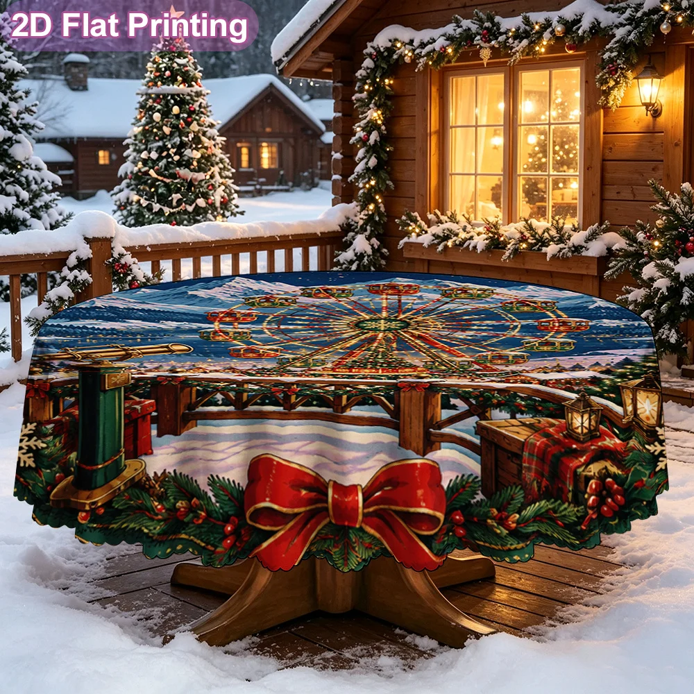 2D flat round tablecloth Christmas Ferris wheel winter scene print desktop decoration