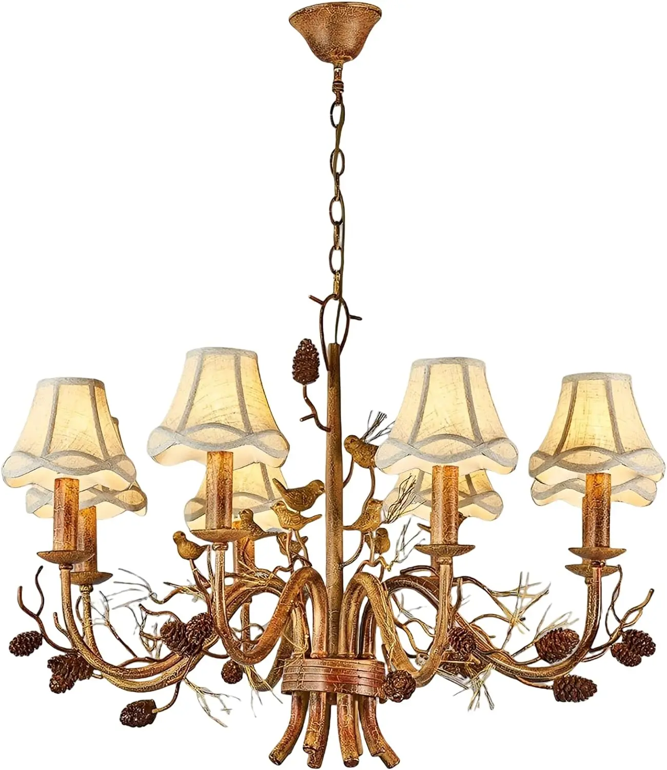 

Rustic Chandelier American Style Vintage Pendant Lights Fabric Shade Brown Crack Antique Finish Hanging Chandelier for Living