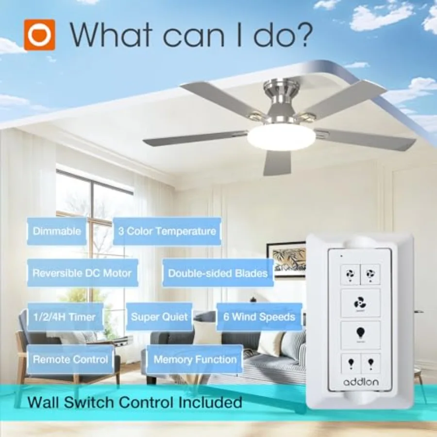 Ceiling Fans with Lights, 52 inch Flush Mount Ceiling fan with Remote Control, Wall Remote, Reversible, 3CCT, Dimmable, Noisele