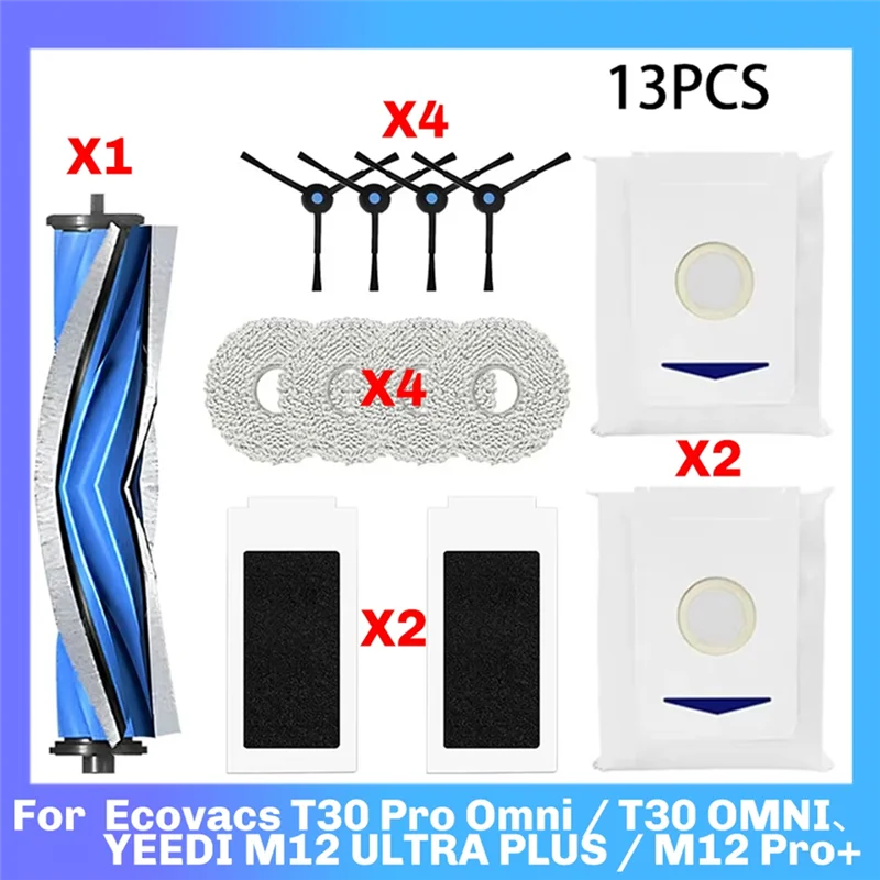 【인기 판매!】Ecovacs T30 Pro Omni/T30 OMNI, YEEDI M12 ULTRA PL용 메인 롤러 사이드 브러시 필터 먼지 봉투 걸레 천 교체