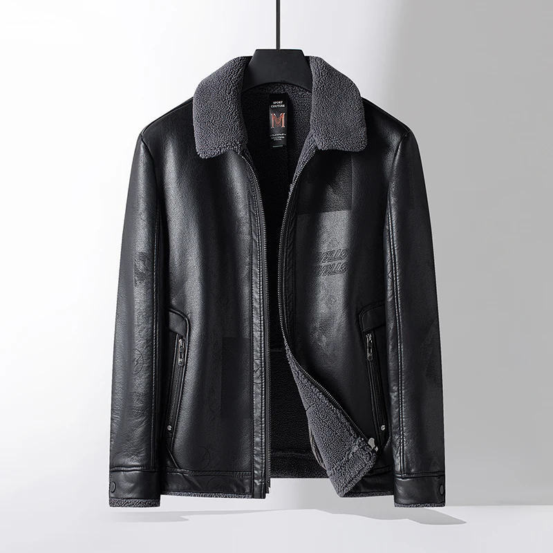 Autumn Winter Mens Casual Black Fleece PU Leather Jacket Loose Thick Warm Fur Collar Faux Leather Coat Motorcycle Streetwear Top